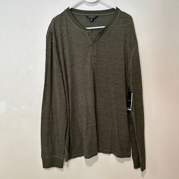 Liverpool Los Angeles Olive Striped Henley Long Sleeve Shirt XL - Picture 1 of 6